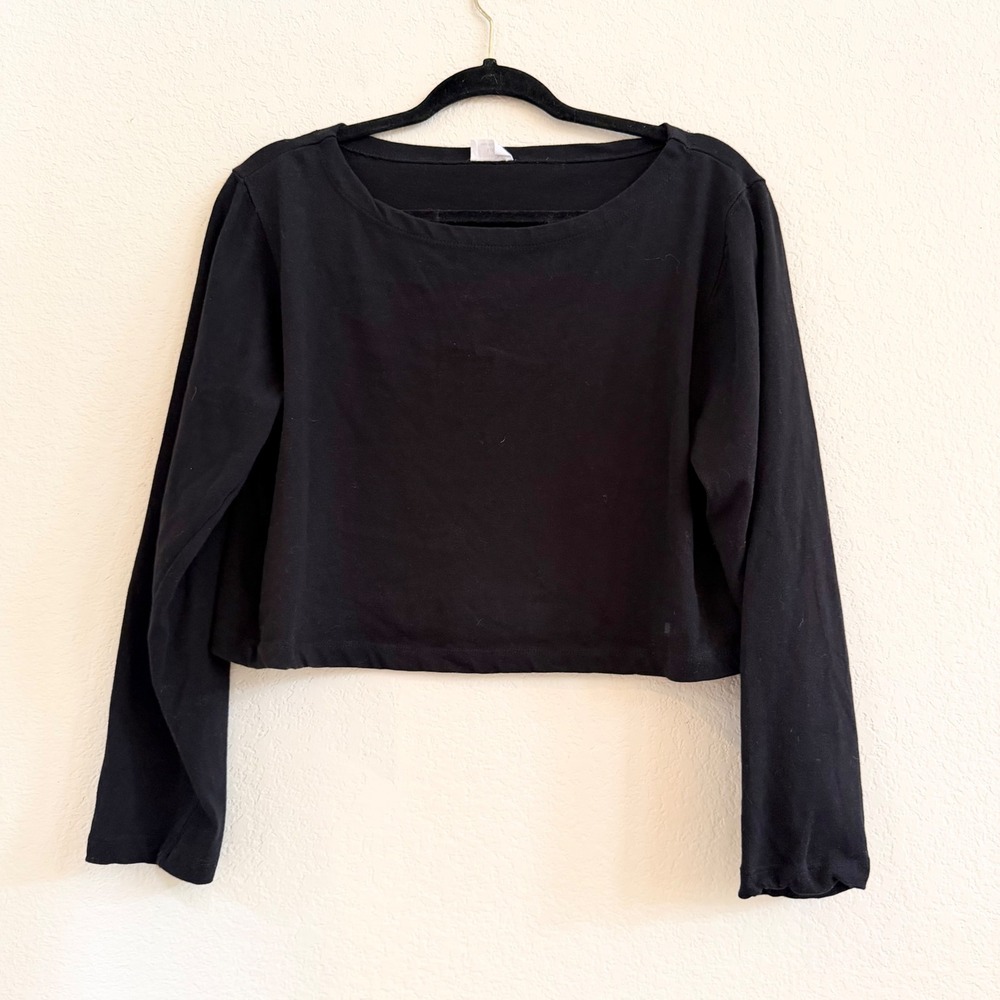 Cotton On Womens Black Long Sleeve Cropped Boat Neck T-Shirt Size L Relaxed Fit